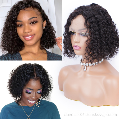 New Arrival Cheap Human Hair Lace Closure T Part Virgin Short Bob 1b Natural Color Curly Wave Indian Hair Wig